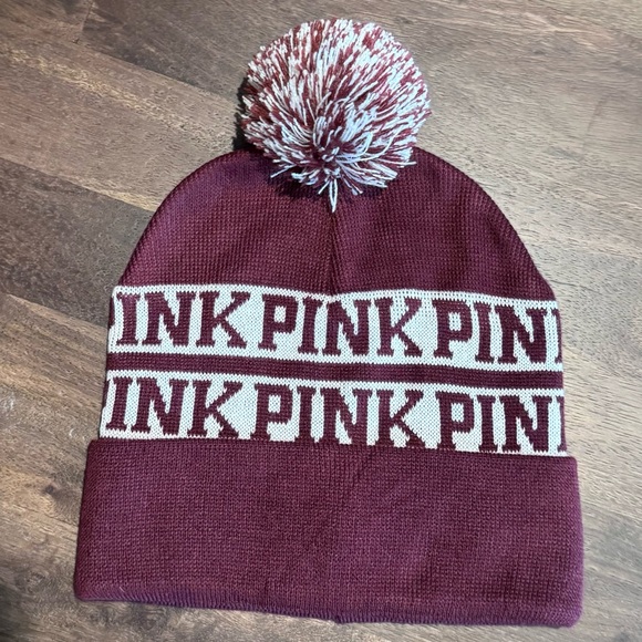 PINK Victoria's Secret Accessories - PINK Victoria's Secret Burgundy and White‎ Beanie, O/S